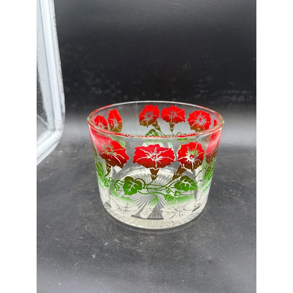 Vintage Red Morning Glory Floral Glass Ice Bucket Sunburst Base Mid Century